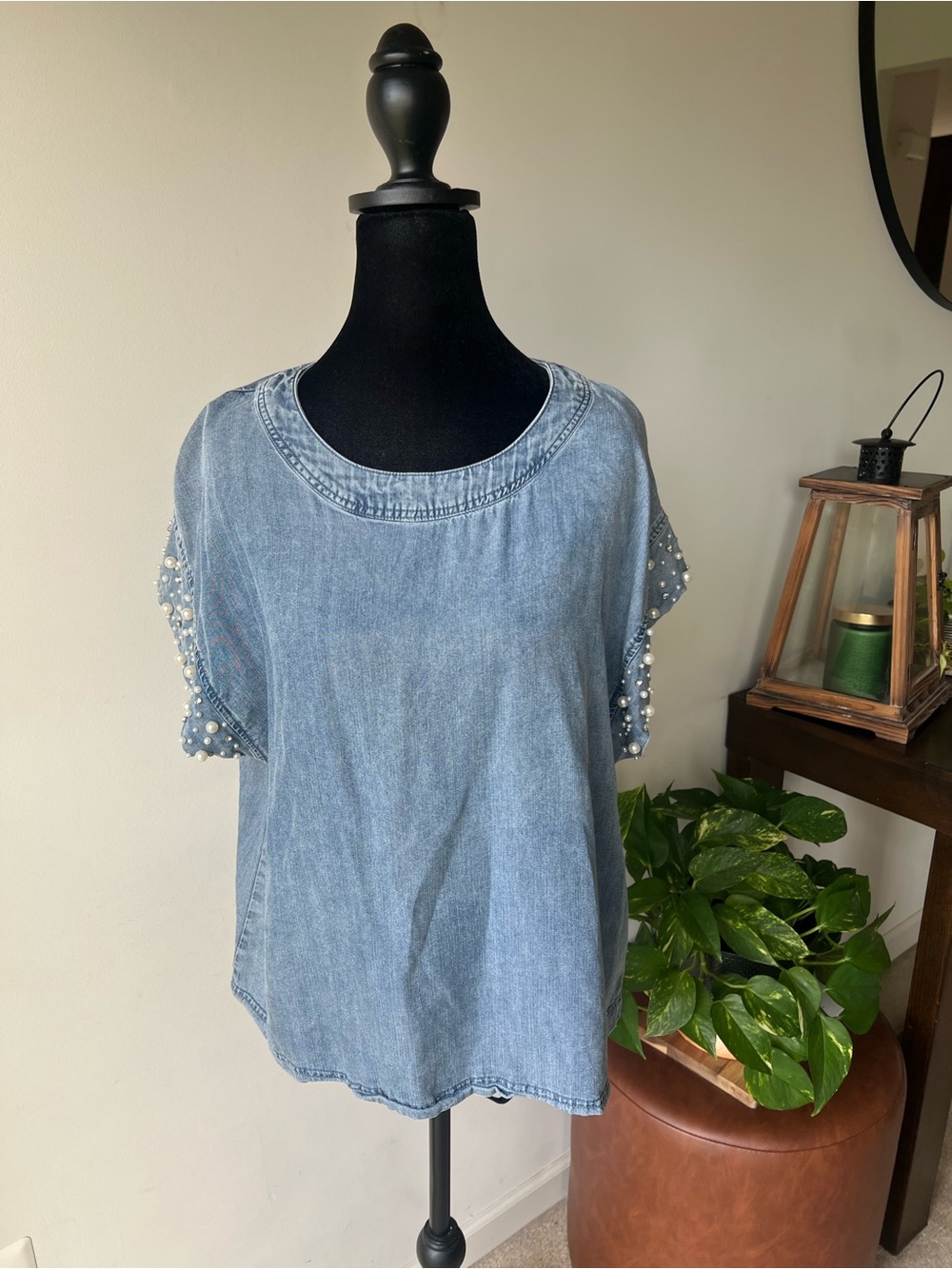 entro Light Blue Denim Top with Diamond and Pearl-Trim Sleeves